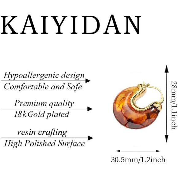 Gold Amber Resin Oval Hoop Earrings for Women - Trendy 18K Gold Plated Dangle Th - Picture 5 of 8